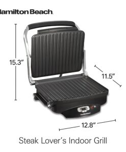 Hamilton Beach Steak Lover's Electric Indoor Searing Grill, Nonstick 100 Square, Stainless Steel (25331), Black and Stainless, Medium Serving 33 71XCxNrhpuL