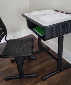 Flash Furniture Billie Open Front Student Desk for Classrooms or Remote Learning, Height Adjustable School Desk with Book Box and Bag Hooks, Black/Gray Set of 1 38 71XP46SEAyL