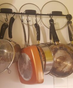 Wallniture 24" Gourmet Kitchen Rail for with 10 S Hooks for Hanging Utensils, Pot Pan Lid Rack Storage Organizer Set, Steel, Black 31 71XSJ4zuK8L