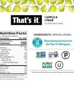 That's it. Apple + Pear 100% Natural Real Fruit Bar, Best High Fiber Vegan, Gluten Free Healthy Snack, Paleo for Children & Adults, Non GMO No Added Sugar, No Preservatives Energy Food (12 Pack) 12 Count (Pack of 1) 13 71XSgdz6bBL