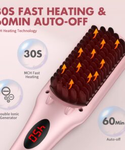 Alternative view of Enhanced Hair Straightener Heat Brush by MiroPure, 2-in-1 Ceramic Ionic Straightening Brush, Hot Comb with Anti-Scald Feature, Auto Temperature Lock & Auto-Off Function (Pink) 4 Piece Set Pink