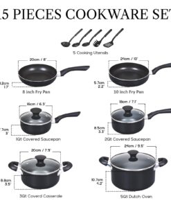 Alternative view of Cook N Home Basics Pots and Pans Cooking, 15-Piece Nonstick Cookware Set, Black