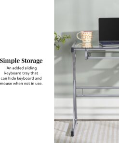 Walker Edison Metal and Glass Work From Home Laptop Computer Gaming Desk with Slide In Keyboard Tray Home Office, 31 Inch, Silver Single Desk Stanford 39 71Xgpj6HOvL