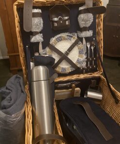 PICNIC TIME Romantic Canterbury Deluxe Wicker Picnic Basket Set for 2, with Blanket and Soft Cooler, One Size, Navy with Plaid 69 71XyvfeMCsL