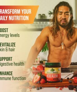 Organic Muscle Super Reds Powder - Organic Greens and Reds Superfood Powder with Organic Acai Berry, Pomegranate & Cranberry for Natural Energy & Metabolism Boost - Vegan & Non-GMO, 30 Servings Acai Berry Reds 30 Servings (Pack of 1) 27 71Y5 lE2fL