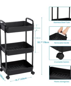 Vtopmart 3 Tier Rolling Cart with Wheels, Detachable Utility Storage Cart with Handle and Lockable Casters, Storage Basket Organizer Shelves, Easy Assemble for Bathroom, Kitchen, Black 19 71YG6LLQ1WL