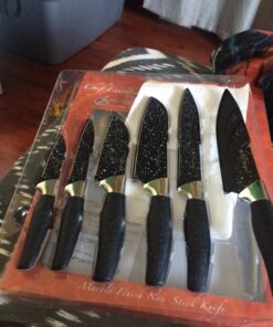 Chef Essential Carbon Steel Culinary Knife Set – 6-Piece Sharp Knife Set – Meat, Veggie, Bread Knife Set – Nonstick Chef Knife Cooking Knives – Professional Sharp Kitchen Knife Set Without Block Solid Black Set 33 71YMAMqvUL