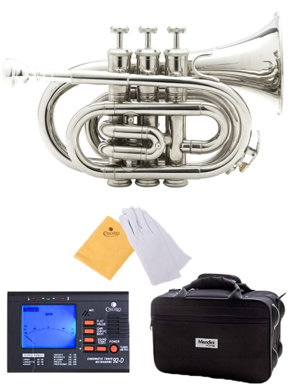 Mendini MPT Brass Bb Pocket Trumpet + Tuner, Case, Mouthpiece, & More (Nickel Plated) Nickel Plated