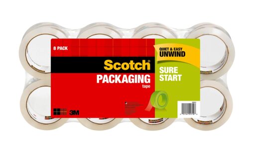 Scotch Sure Start Packing Tape, Clear, Holiday Wrapping Tape with Quiet Unwind and Easy Start, 1.88 in. x 54.6 yd., 8 Tape Rolls