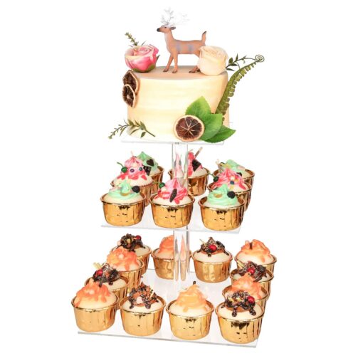 YestBuy 3 Tier Cupcake Stand, Cake Stand, Acrylic Cupcake Tower Stand, Premium Cupcake Holder for 28 Cupcakes, Display for Pastry Wedding Birthday Party (4" Between 2 Layers) 3 Tier Square (4" between 2 layers) Clear