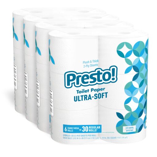 Amazon Brand - Presto! 2-Ply Toilet Paper, Ultra-Soft, Unscented, 24 Rolls (4 Packs of 6), Equivalent to 120 regular rolls 6 Rolls (Pack of 4)