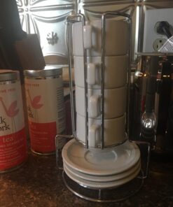 HIC Kitchen 9-Piece Stackable Espresso Coffee Set, Fine White Porcelain, 4 (4-Ounce) Cups with Matching Saucers and Metal Stand, Gift Boxed 22 71Z0FF GG2L