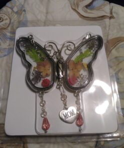 Mom Butterfly Suncatcher with Pressed Flower Wings and Silver Heart Charm - Hanging Height 8" 1 38 71Z0PXSDA2L