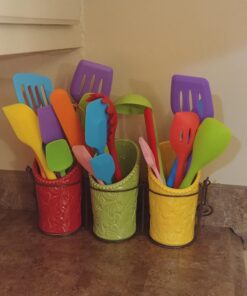 ienjoyware Kitchen Utensil Holder Set (4 Pieces) - 3 Ceramic Crocks & 1 Portable Wire Caddy - Multi-Color Multicolor 28 71Z9aW9XPL