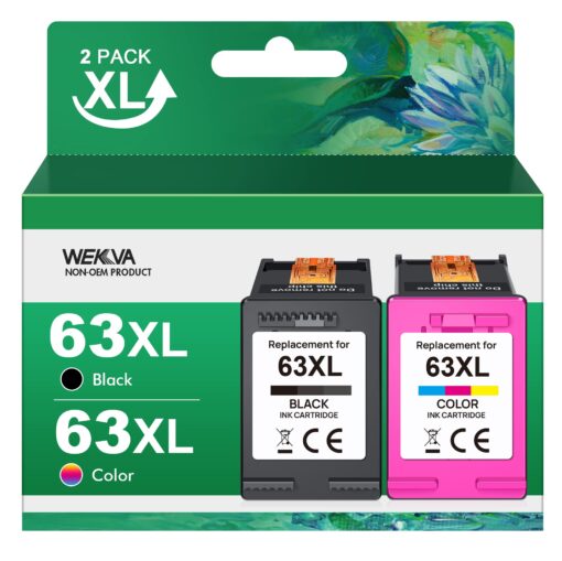 WEKVA 63XL Ink Cartridge Combo Pack Remanufactured Replacement for HP Ink 63 63XL Works for HP OfficeJet 3830 4650 4655 5255 5258 5200 Envy 4520 4512 DeskJet 1112 2130 3630 Printer (1 Black, 1 Color) 63XL-1B, 63XL-1Color