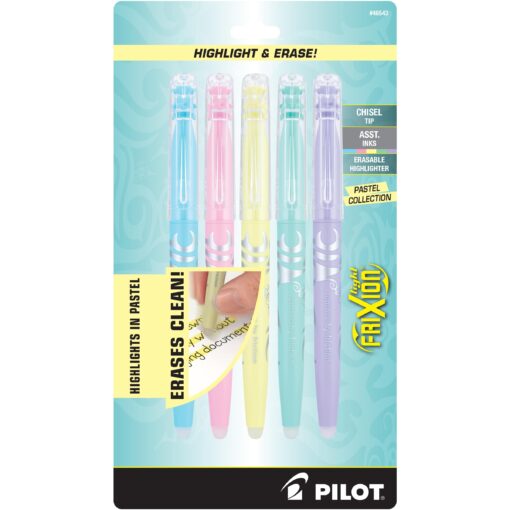 Pilot, FriXion Light Pastel Erasable Highlighters, Chisel Tip, Pack of 5, Pastel Blue, Pink, Yellow, Green & Purple. 5-Pack