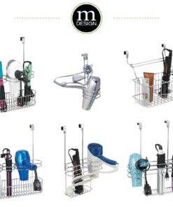 mDesign Metal Bathroom 2 Section Storage Tool Organizer Basket Tray - Hang Over Cabinet Door - Storage for Hair Dryer, Straightener, Curling Iron, Styling Products - Concerto Collection - Chrome 23 71ZNF70agL