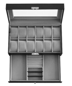 SONGMICS 12-Slot Watch Box, Lockable Watch Case with Glass Lid, 2 Layers, with 1 Drawer for Rings, Bracelets, Gift Idea, Black Synthetic Leather, Gray Lining UJWB012 Black + Gray 12 Slot 31 71ZVKiv0AL