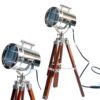 Antique Tripod Style Vintage Model searchlight Wood Tripod Lamps LED spotlights Marine (Brown-Silver) Brown-silver