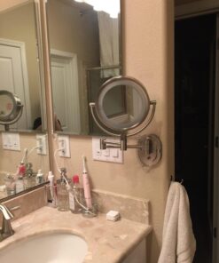 JERDON Two-Sided Wall-Mounted Makeup Mirror with Halo Lighting - Lighted Makeup Mirror with 5X Magnification & Wall-Mount Arm - Plug in Round Mirror with Nickel Finish Wall Mount - Model HL65N 29 71Zh cWoarL