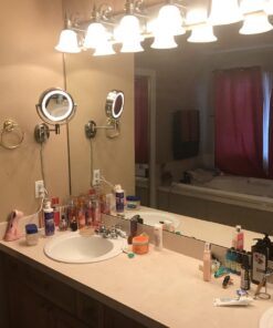 JERDON Two-Sided Wall-Mounted Makeup Mirror with Halo Lighting - Lighted Makeup Mirror with 5X Magnification & Wall-Mount Arm - Plug in Round Mirror with Nickel Finish Wall Mount - Model HL65N 28 71ZlSMO gL