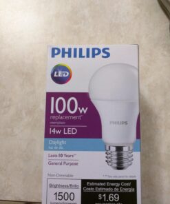 Philips LED Non-Dimmable A19 Frosted Light Bulb: 1500-Lumen, 5000-Kelvin, 14-Watt (100-Watt Equivalent), E26 Medium Screw Base, Daylight, 4-Pack, 455717 4 Count (Pack of 1) 100-Watt Equivalent 39 71ZtarPg8NL