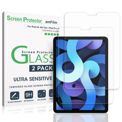 amFilm Screen Protector Compatible with iPad Air 5/Air 4/iPad Pro 11, Ultra Sensitive, Face ID & Apple Pencil Compatible, Tempered Glass, 2 Pack