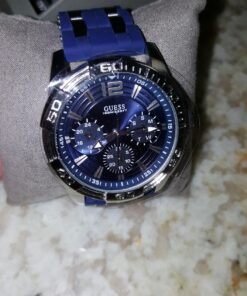 GUESS Stainless Steel Stain Resistant Silicone Watch with Day, Date + 24 Hour Military/Int'l Time Blue/Blue/Silver Tone 35 71Zw90BgYvL