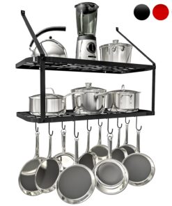 Vdomus Hanging Pot Rack - Rustproof Wall Mounted Pot Rack Pan Hanger for Kitchen Storage & Organization - Durable, Thick Iron Material - Easy Setup 2-Tier Pot Shelf Wall Mount Pot Holder - Black 29 71a1BQd8L