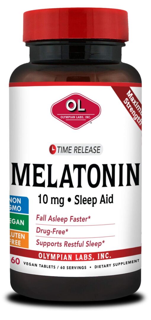 Olympian Labs Melatonin 10mg Time Release with Vitamin B6 - Maximum Strength Tablets - Drug-Free, Supports Restful Sleep, Nighttime Sleep Aid - 60 Vegan Tablets (60 Servings)