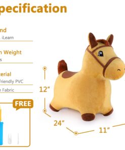 iPlay, iLearn Bouncy Pals Yellow Hopping Horse, Outdoor Ride on Bouncy Animal Play Toys, Inflatable Hopper Plush Covered W/Pump, Birthday Gift for 18 Months 2 3 4 5 Year Old Kids Toddlers Boys Girls Yellow Horse 26 71a8fl60LgL