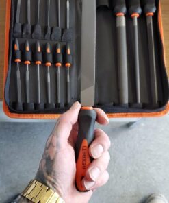 REXBETI 25Pcs Metal File Set, Premium Grade T12 Drop Forged Alloy Steel, Flat/Triangle/Half-round/Round Large File and 12pcs Needle Files with Carry Case, 6pcs Sandpaper, a brush,a pair working gloves 37 71aAjmGGvpL