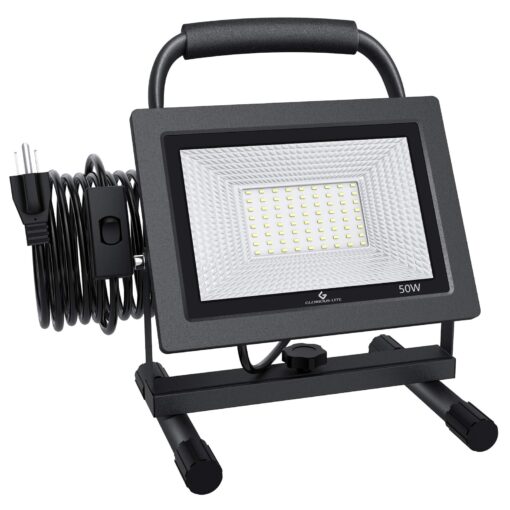 GLORIOUS-LITE 50W LED Work Light, 5000LM LED Flood Lights, 400W Equivalent, IP66 Waterproof, 16ft 5m Cord with Plug, 6500K, Adjustable Working Lights for Workshop Garage, Construction Site 8.22*6.02*7.09inch