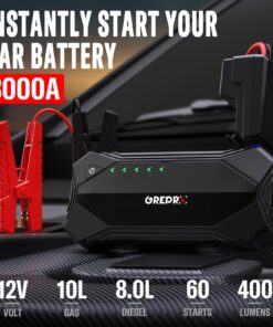 GREPRO Car Jump Starter, 3000A Peak Car Battery Jump Starter Battery Pack (10L Gas & 8.0L Diesel Engines), 12V Battery Booster, Jump Box with Jumper Cables, Car Battery Jumper with LED Light 12 71aGBDZq3mL