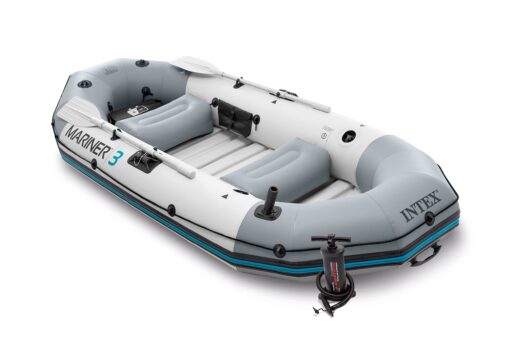 INTEX 68376EP Mariner 4 Inflatable Boat Set: Includes Deluxe 54in Aluminum Oars and High-Output-Pump – SuperTough PVC – Inflatable Thwart Seats – 4-Person – 1100lb Weight Capacity