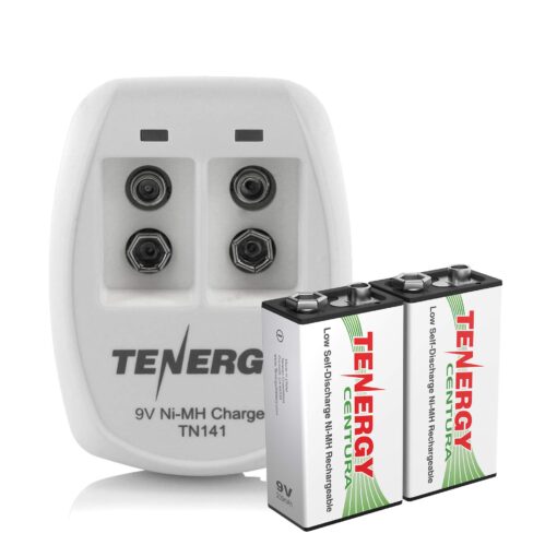 Tenergy TN141 2 Bay 9V Smart Charger with 2 Pack Centura Low Self-Discharge 9V NiMH Rechargeable Batteries Charger + 2 Pcs Centura Batteries