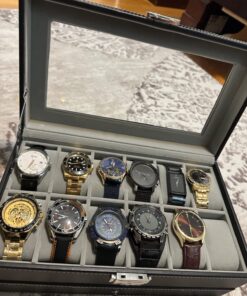 SONGMICS 12-Slot Watch Box, Lockable Watch Case with Glass Lid, 2 Layers, with 1 Drawer for Rings, Bracelets, Gift Idea, Black Synthetic Leather, Gray Lining UJWB012 Black + Gray 12 Slot 43 71aRC3rZBDL