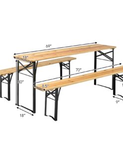 Giantex 70'' 3-Piece Portable Folding Picnic Beer Table with Seating Set Wooden Top Picnic Table for Patio Outdoor Activities Garden Use, 30'' Table Height Black(iron Frame); Wooden(tabletop & Chair Seats) 28 71aT Nov5iL