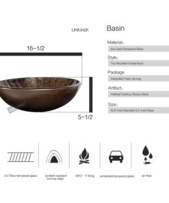 ELECWISH Bathroom Vessel Sink with Faucet Mounting Ring and Pop Up Drain 16.5 Inch Tempered Glass Basin (Brown) Brown 28 71aU1iZEAnL