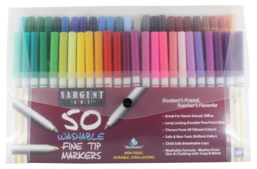 Sargent Art 50 Count Fine Tip Washable Markers Pack, Assorted Colors, Child Safe Breathable Caps, Non-Toxic Red