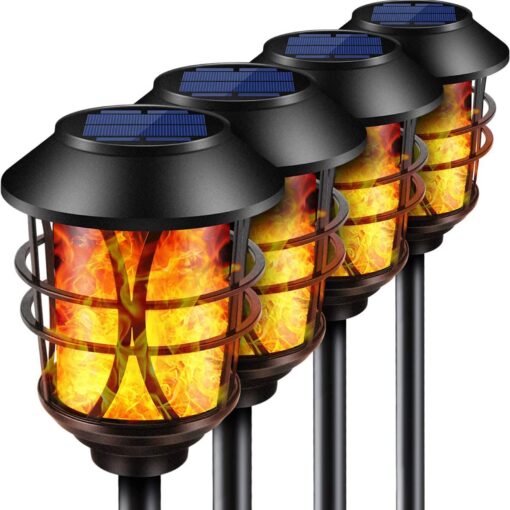 TomCare Solar Lights Metal Flickering Flame Solar Torches Lights Waterproof Outdoor Heavy Duty Lighting Solar Pathway Lights Landscape Lighting Dusk to Dawn Auto On/Off for Garden Patio Yard, 4 Pack Black