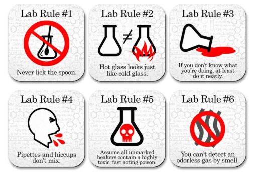 Funny Science Coaster Set - Lab Rules - 6 Piece Set - Neoprene - Neurons Not Included