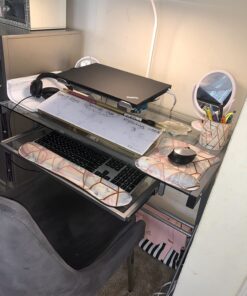 Walker Edison Metal and Glass Work From Home Laptop Computer Gaming Desk with Slide In Keyboard Tray Home Office, 31 Inch, Silver Single Desk Stanford 54 71awjjd8MqL