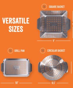 Grill Basket - Yukon Glory™ 3-Piece Mini Grilling Basket Set - Stainless Steel Perforated Grill Baskets for Grilling Veggies Seafood and Meats Includes Grill Pan - Square Basket and Circular Basket 22 71aythS4aL
