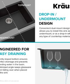 Kraus KGD-410B 24 2/5 inch Dual Mount Single Bowl Black Onyx Granite Kitchen Sink Sink with Strainer 24 71b Xh3TF5L