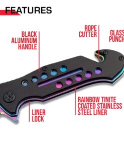 TAC Force Spring Assisted Folding Pocket Knife – Rainbow TiNite Coated Drop Point Blade and Liner, Black Aluminum Handle w/ Rope Cutter, Glass Punch, and Clip, Tactical, EDC, Rescue - TF-509 4.75 inch 26 71bH4R72LaL
