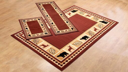 Furnish my Place 631 Burgundy 3 PCS Wildlife Bear Rustic Moose Decor Lodge Cabin Area Rug, Elegant and Durable Mat, Burgundy 3pc Set (5'x7'6", 2'x6', 2'x3')