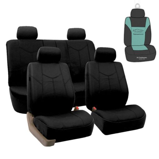 FH Group PU009114 Rome PU Leather Seat Covers Airbag Ready & Rear Split Solid Black with Gift - Fit Most Car, Truck, SUV, or Van