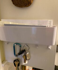 mDesign Wall Mount Modern Plastic Mail Organizer Storage Basket - 5 Hooks - for Entryway, Mudroom, Hallway, Kitchen, Office - Holds Letters, Magazines, Coats, Keys - White 28 71bVHKL7DL