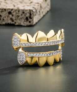 TOPGRILLZ 14K Gold Plated Iced Out CZ Top and Bottom Vampire Fangs Werewolf Grillz for Your Teeth Hip Hop Halloween Accessory Gold Bottom 10 71bZMZYqoZL